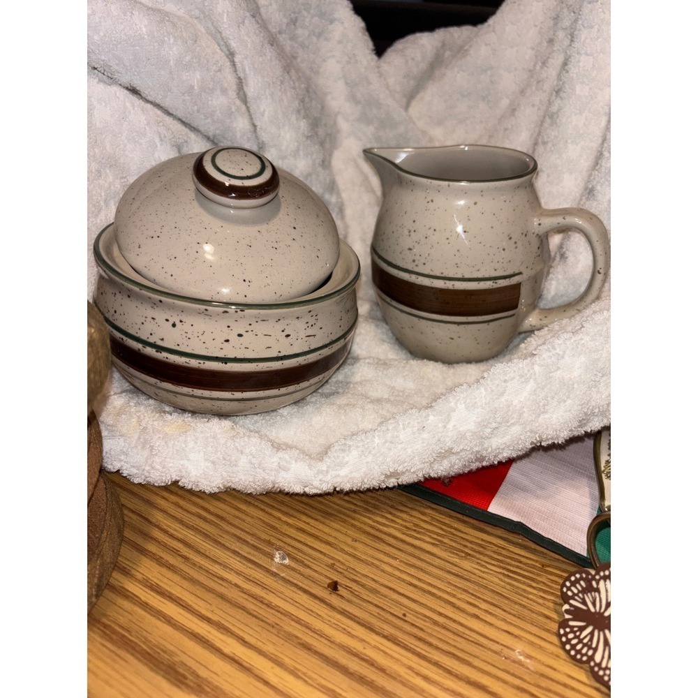 Folkcraft Stoneware Cabelas Sugar Bowl Creamer Set Speckled Earth Tones